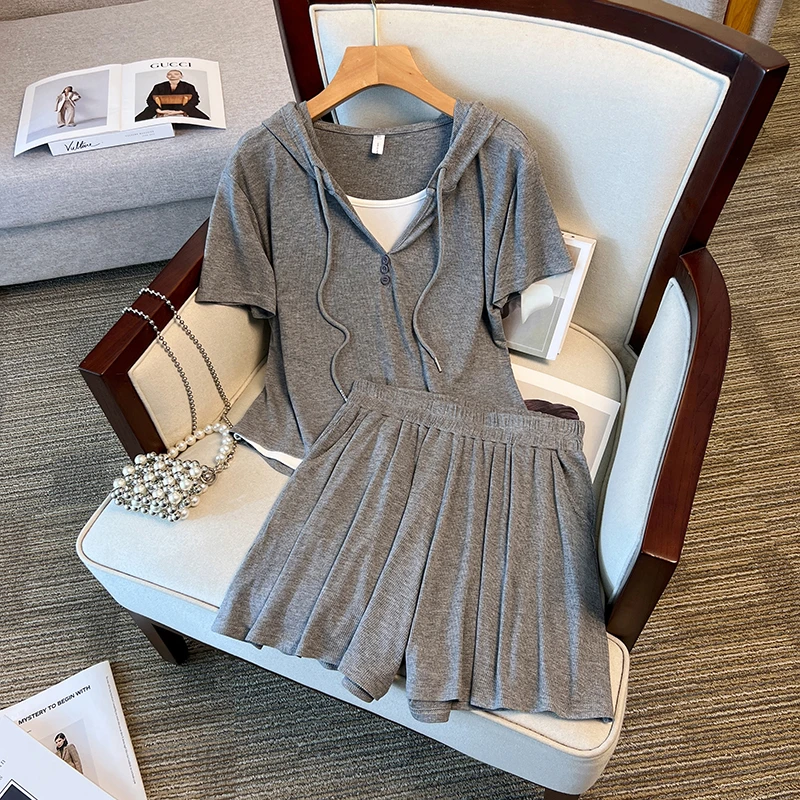 夏季大码胖mm时髦洋气韩版连帽阔腿短裤两件套女显瘦套装弹力遮肚