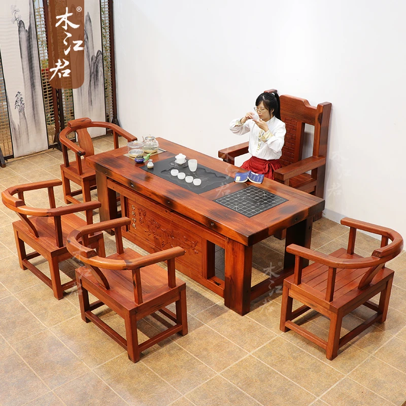 定制老船木茶桌椅组合中式实木雕花刻字挡板茶台客厅办公一体桌
