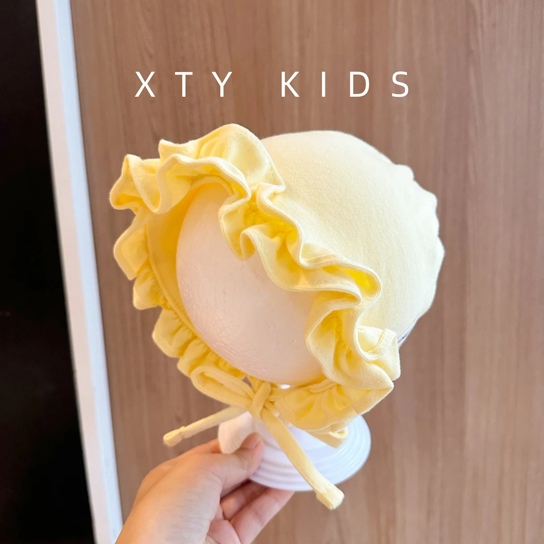 女宝宝帽子春秋韩版纯色百搭洋气花边公主护耳帽可爱婴幼儿包头帽