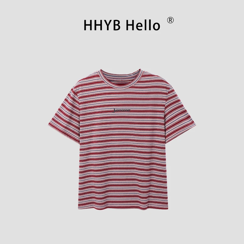 HHYB Hello圆领条纹撞色短袖T恤2025新款复古宽松显瘦上衣250442