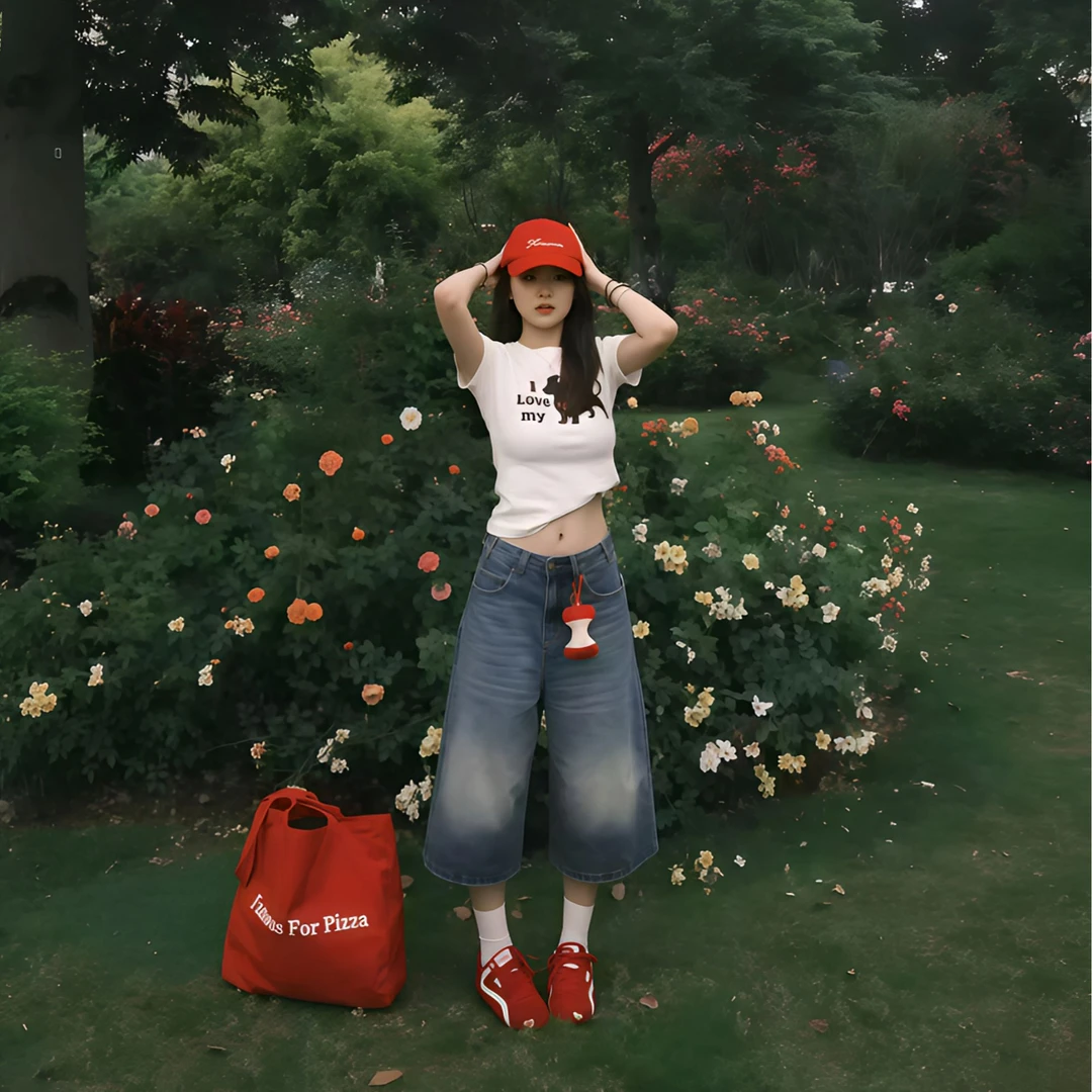 美式水洗复古蓝过膝七分牛仔裤女夏季新款休闲百搭宽松显瘦阔腿裤