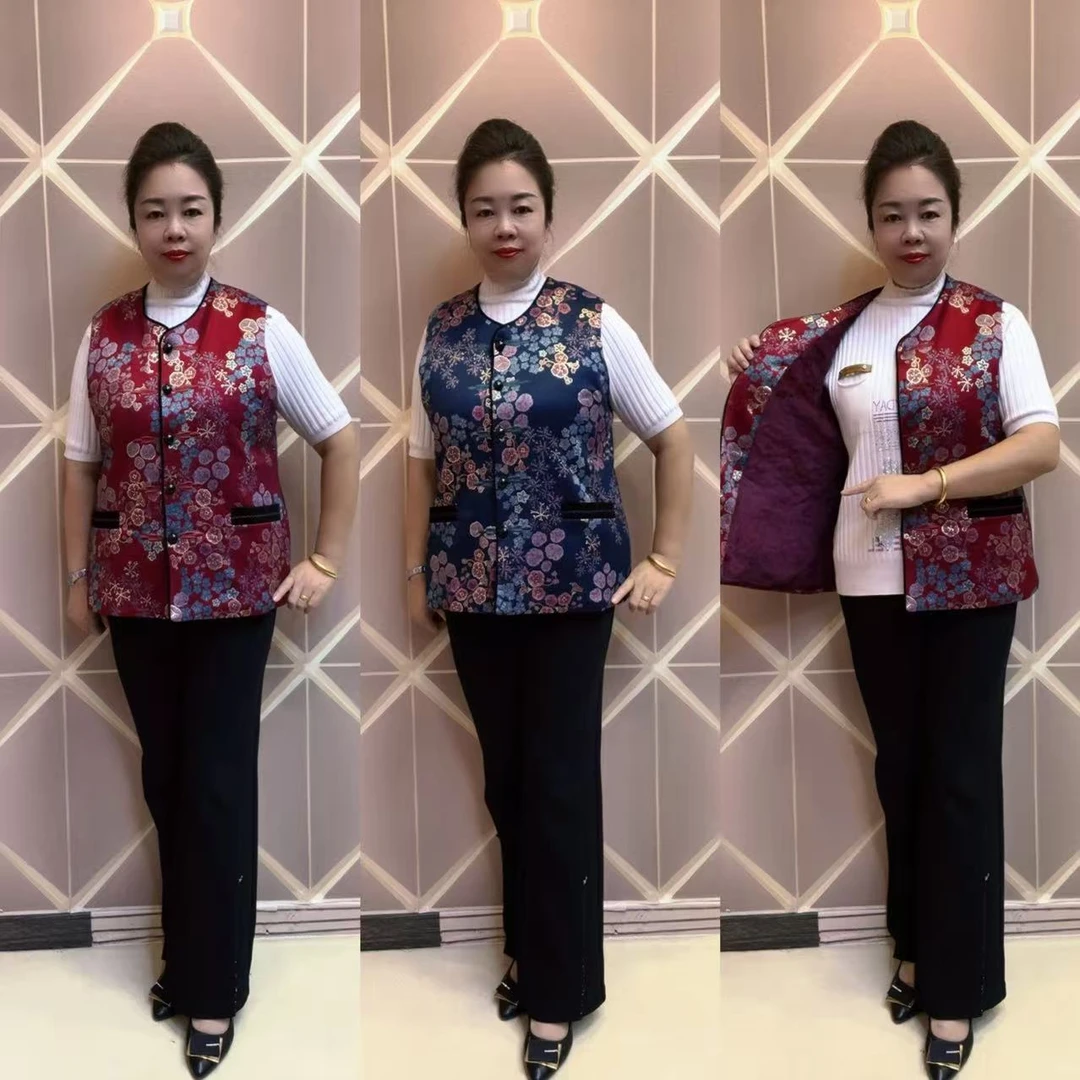 秋冬新款花朵烫金两色可选时尚中老年妈妈马甲