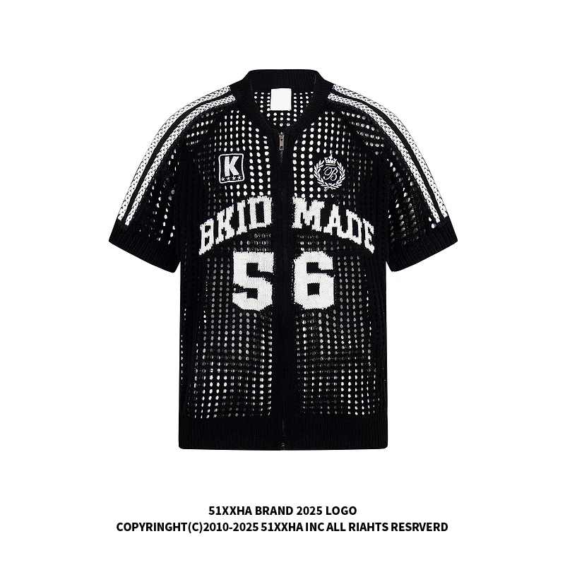 51嘻哈美式复古提花针织球衣短袖衬衫设计感镂空小众宽松衬衣男女