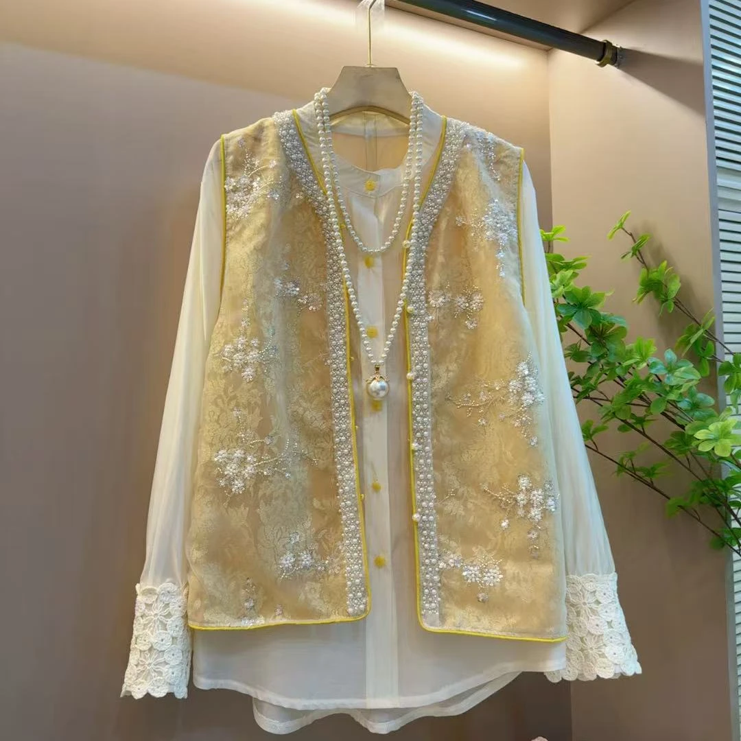 新款国风减龄重工亮片设计感时尚胖MM马甲两件套