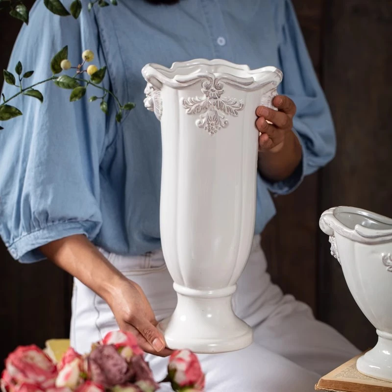 法式经典柱盆花器花瓶花盆陶瓷釉下彩装饰摆件复古白瓷