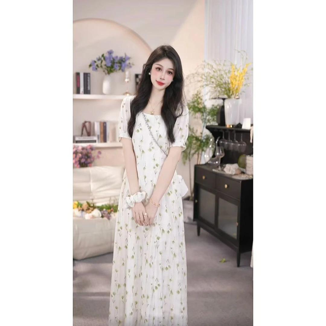 【有口袋】夏日绿色碎花显瘦小清新温柔时尚连衣裙方领短袖优雅1507