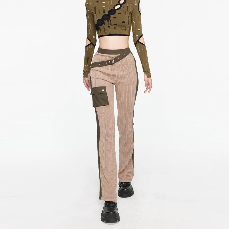 BGAG 酷辣妹高腰休闲长裤女新款撞色显瘦微喇裤条纹直筒裤子 U41