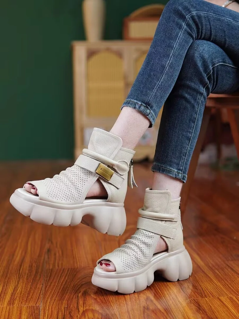 63008头层牛皮平跟凉靴百搭夏季时装凉鞋厚底镂空粘胶鞋复古