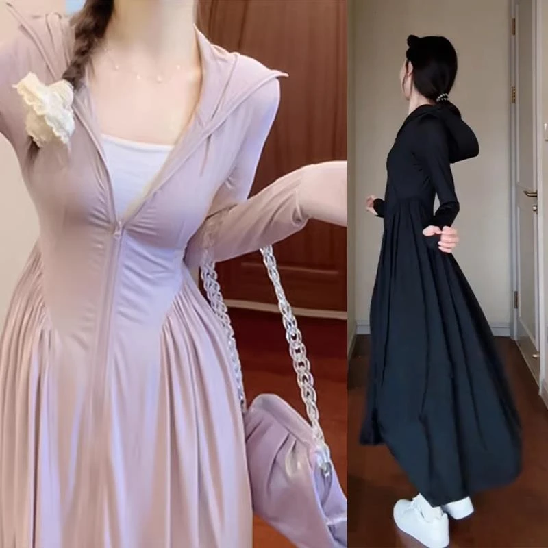 2025新款大码女装胖mm修身长款全身收腰冰丝防晒衣夏季连帽防晒裙