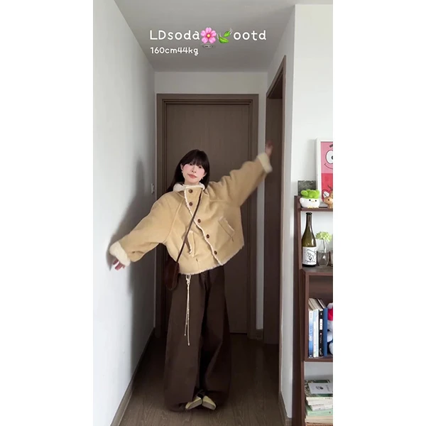 韩系温柔风卡其色羊羔毛外套女冬季小个子显瘦复古气质高级感上衣