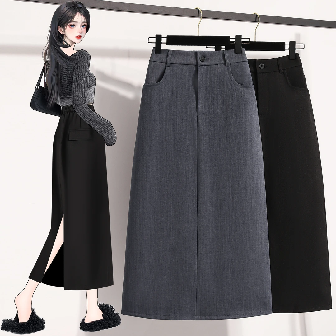 灰色气质开叉西装a字半身裙女2025春季高腰时尚百搭中长裙子5125#