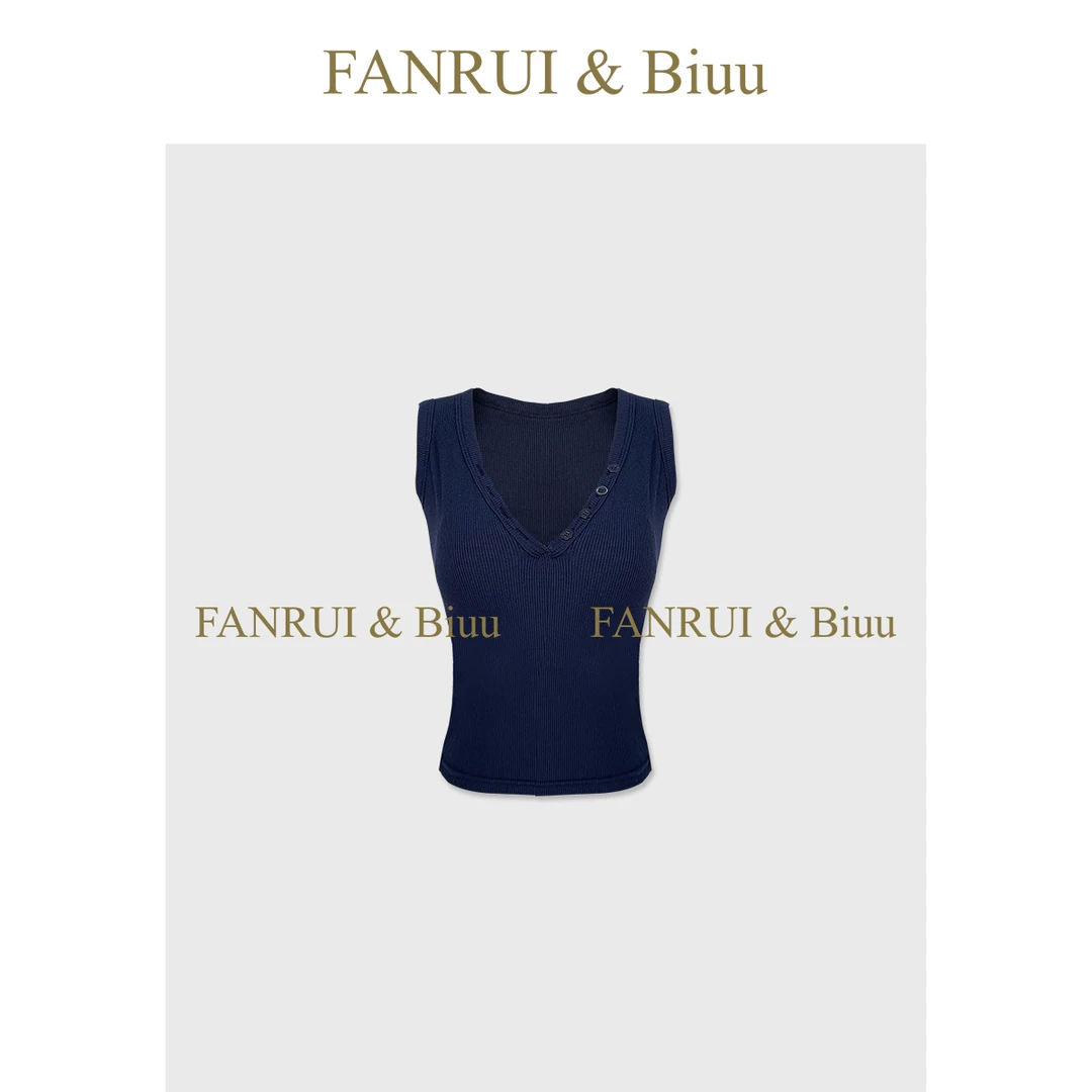 FANRUI/泛芮「漫燃」纯色百搭简约正肩无袖大v领修身针织t恤B17240