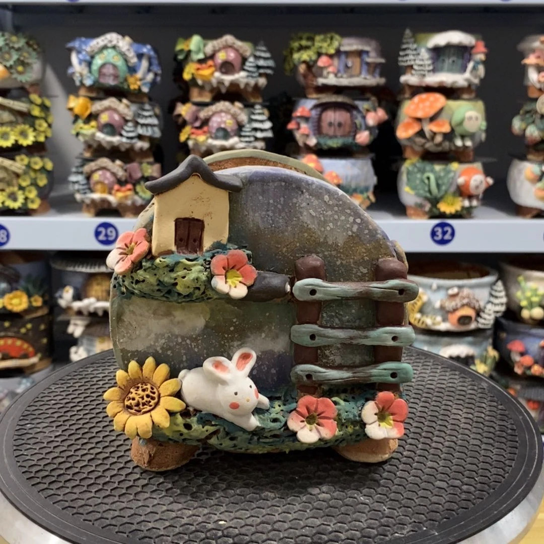 红陶白狐粗陶手捏花盆