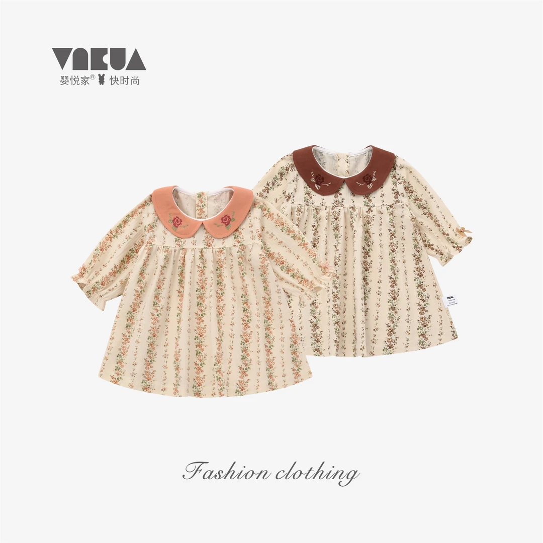 婴悦家春款女宝宝碎花女童时尚满印复古长袖印花翻领连衣裙86927