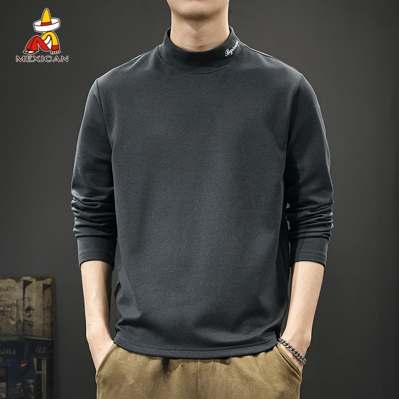 Mexican/稻草人日系复古半高领长袖t恤男士春季宽松潮牌刺绣体恤