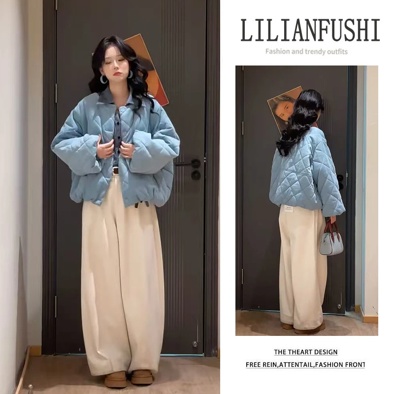 冬季温柔系穿搭女2025新款气质衬衫蓝色保暖大衣休闲裤时尚三件套