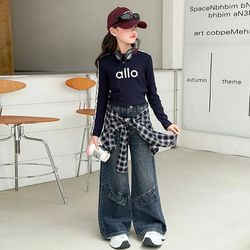 女童牛仔裤春秋新款裤子洋气儿童韩版工装裤中大童宽松休闲阔腿裤