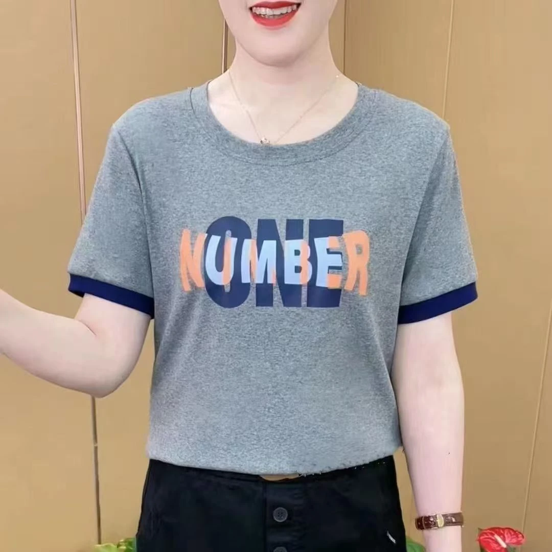 2025新款女士圆领T恤短袖宽松夏季半袖T恤衫遮肚子上衣印花韩版