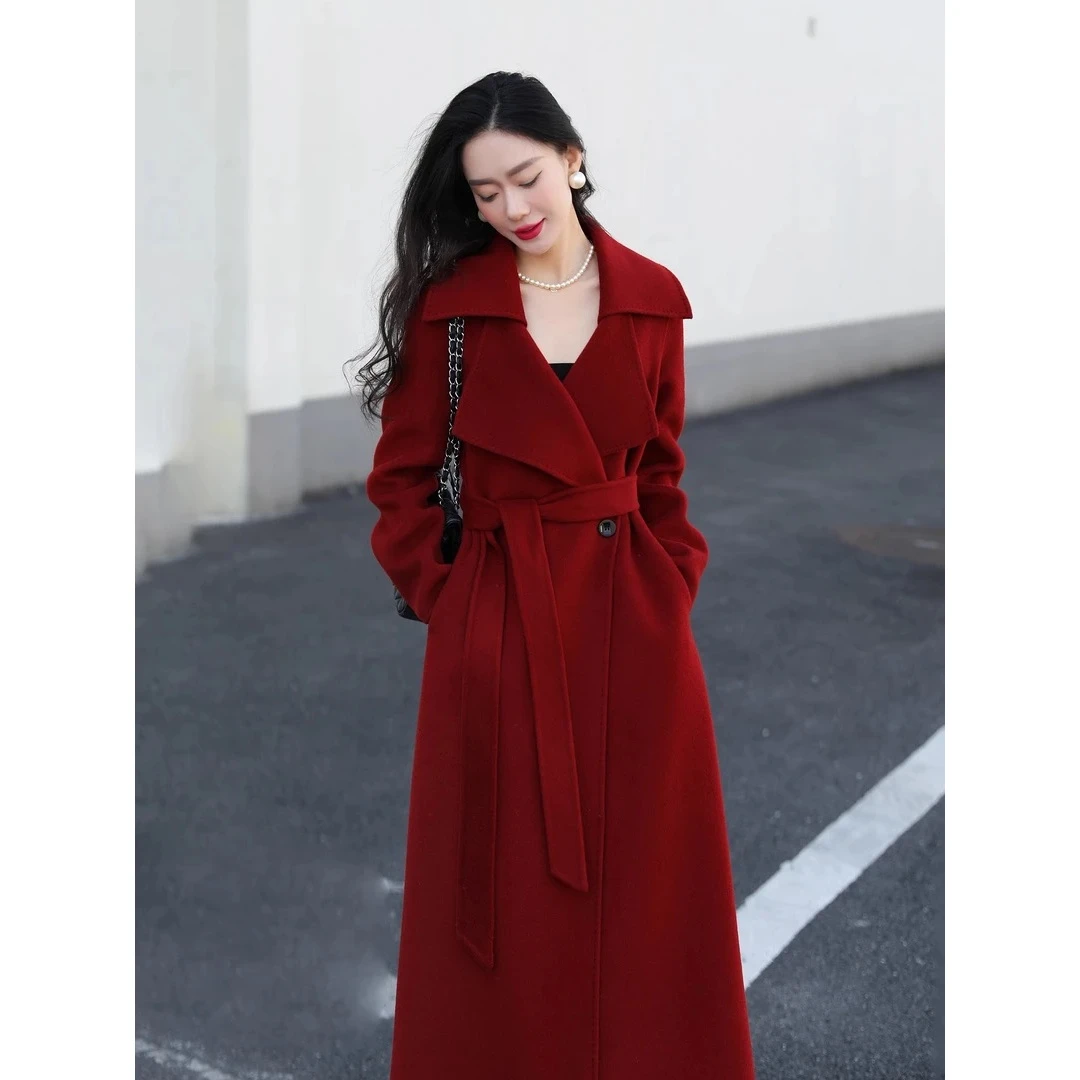 红色双面羊毛大衣女2025新款秋冬季中长款女士红色加厚羊毛呢大衣