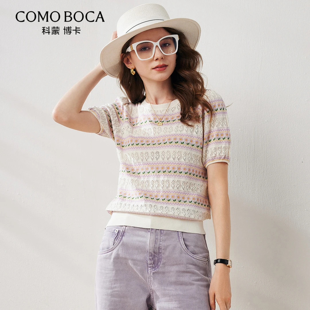 COMOBOCA/科蒙·博卡春夏泡泡短袖减龄森女田园T恤针织衫女KSS1068
