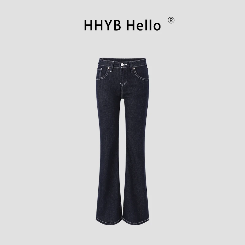 HHYB Hello2025新款时尚低腰微喇撞色复古显瘦阔腿长裤女Q254301