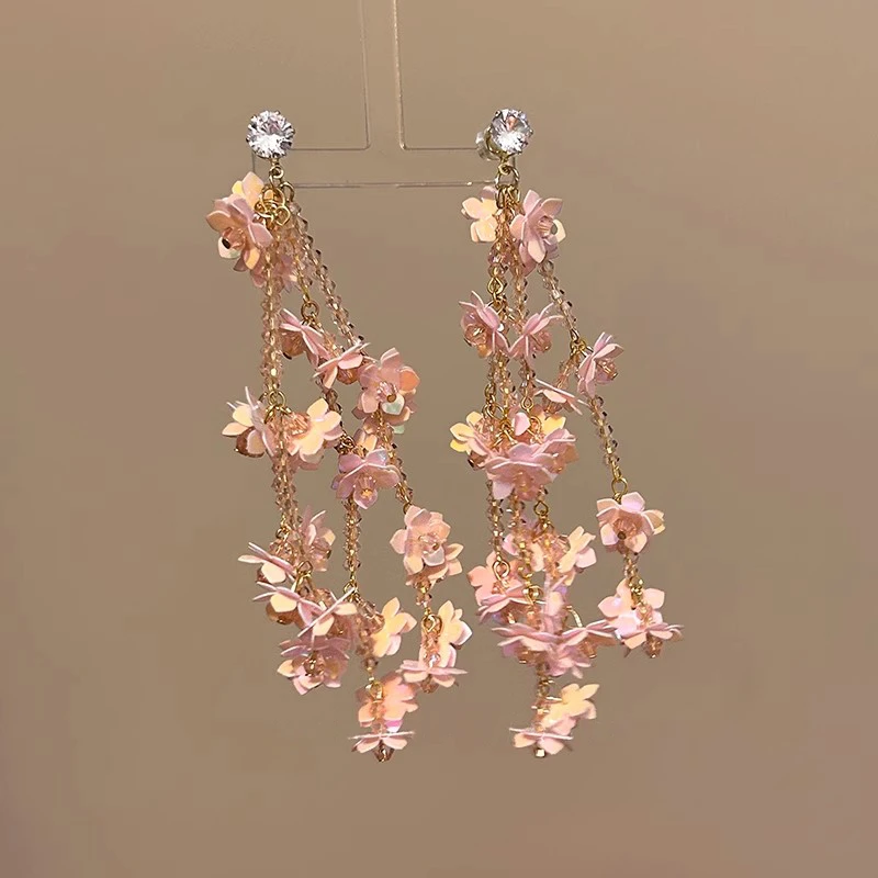 超仙粉色花朵流苏耳钉女甜美耳环春夏度假风耳饰品