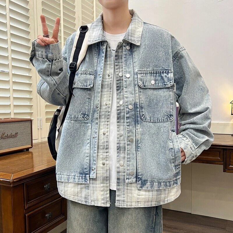 牛仔外套假两件春装新款牛仔夹克青少年学生时尚潮流宽松百搭外套