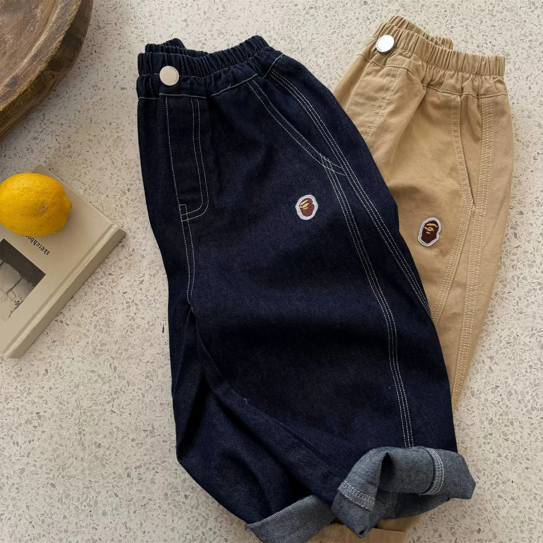 儿童长裤2025春季新款男童日系潮牌刺绣牛仔裤宝宝水洗棉布休闲裤