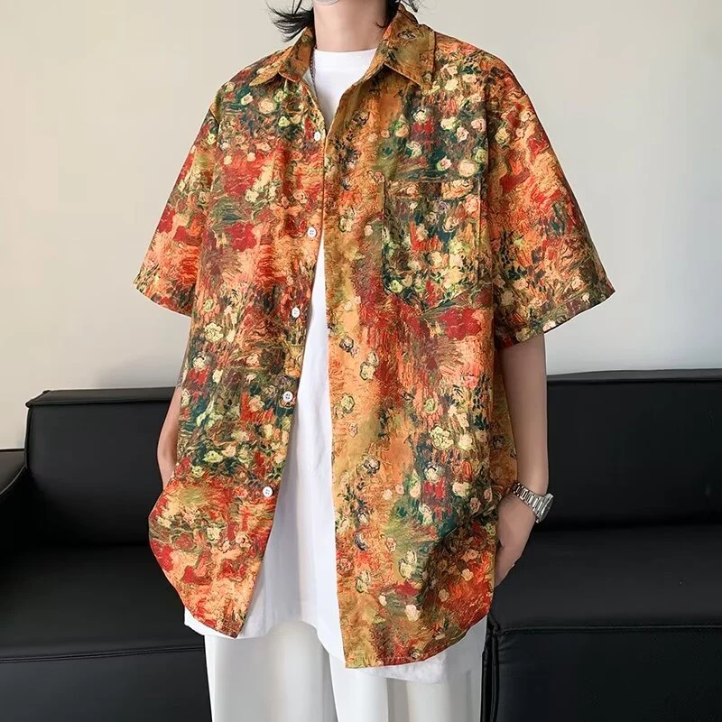 cleanfit古着巴洛克衬衫男短袖高级感油画衬衣英伦雅痞夏威夷外套