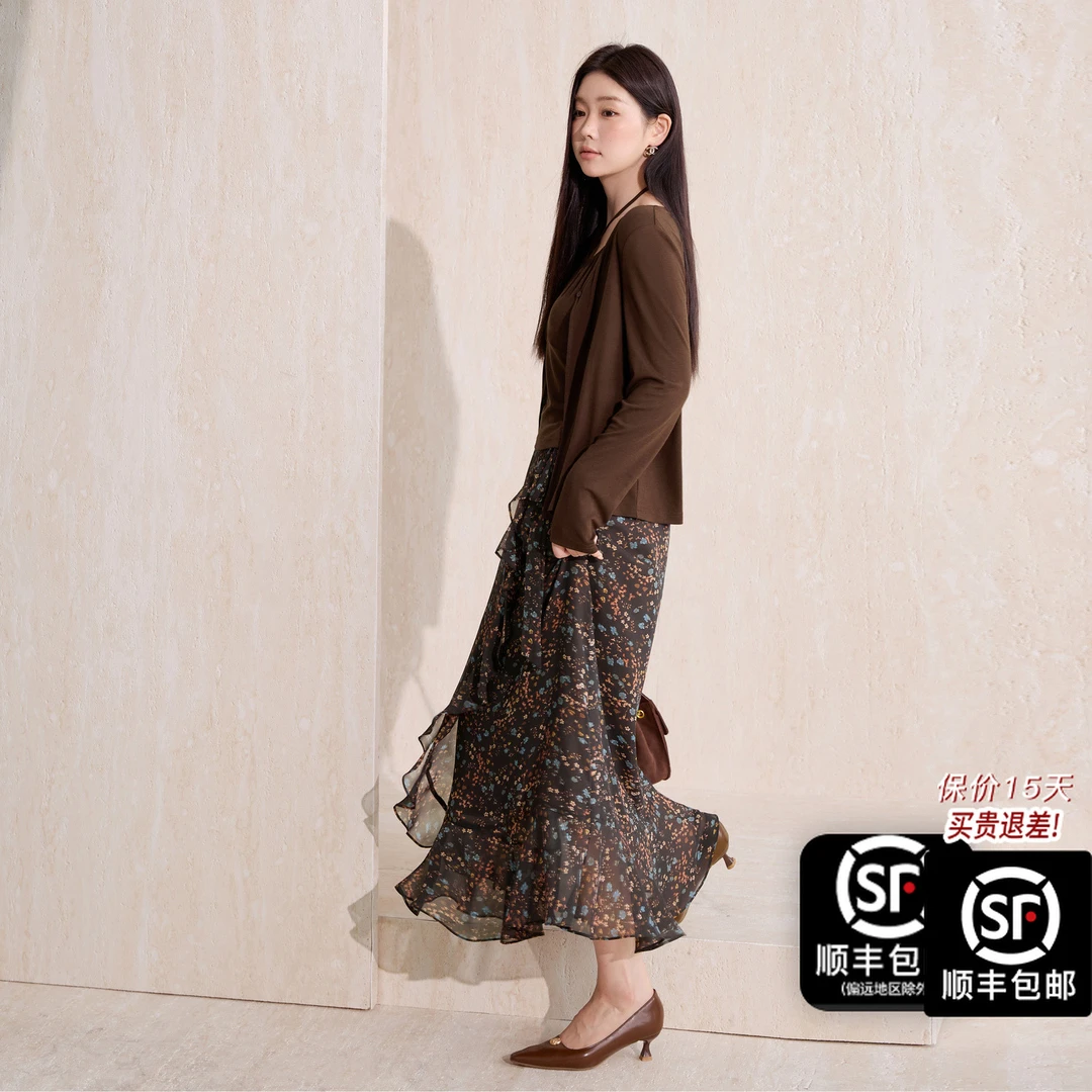 蓝语大码女装美拉德复古轻薄开衫荷叶边碎花半身裙秋冬套装16581