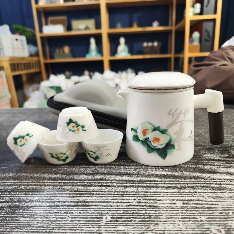 羊脂玉瓷山茶花手抓一壶四杯旅行茶具