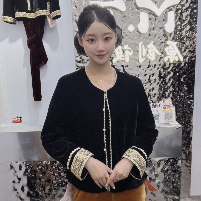 秋季夹珠新中式国风花边长袖丝绒宽松版外套女(衣长约59cm)