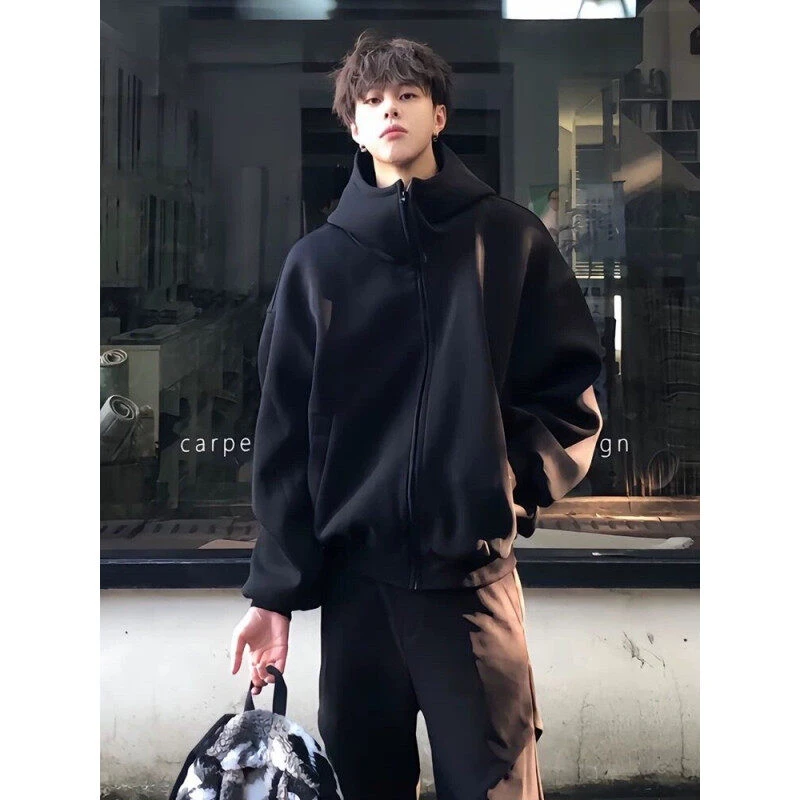 cleanfit黑色高领连帽开衫卫衣男款春秋加绒美式重磅硬挺加厚外套
