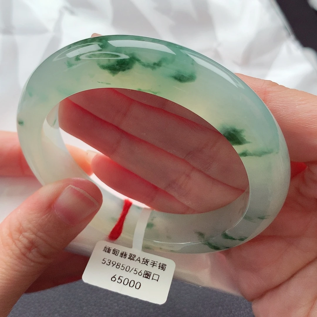 翡翠未镶嵌手镯56圈口 冰胶透水墨丹青飘花 大万小六品质024