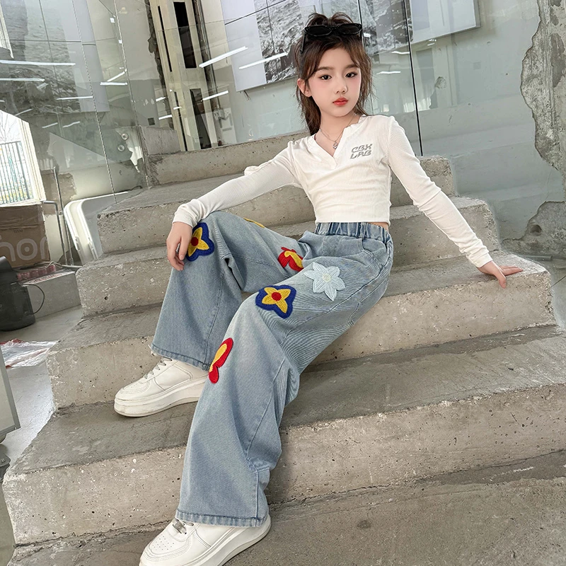 女童春季牛仔裤2025新款洋气时尚毛巾绣休闲裤6-12岁中大童裤子潮