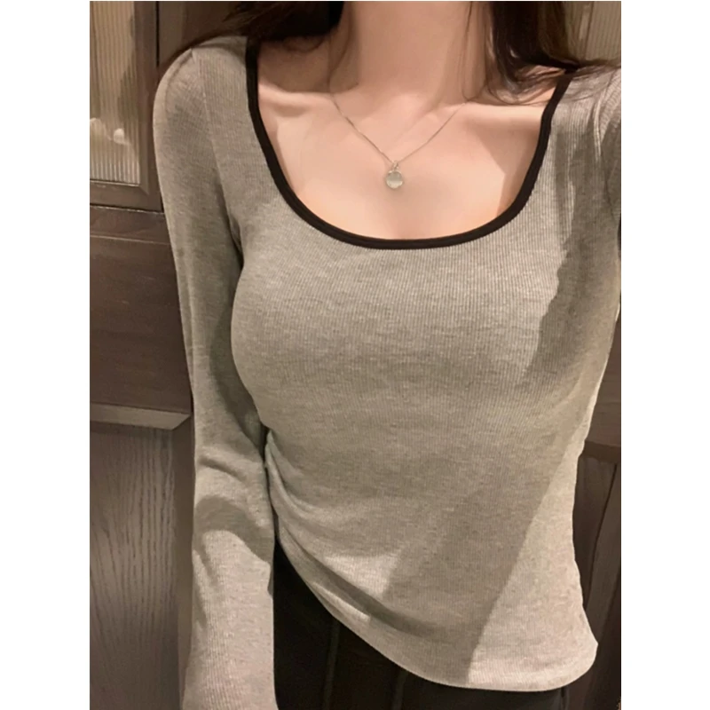 双十一撞色方领长袖t恤女秋冬内搭上衣修身显瘦保暖加绒打底小衫