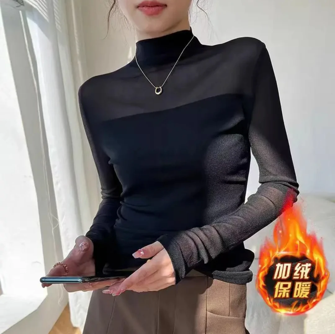 长袖网纱拼接打底衫女2025秋季新款半高领t恤修身显瘦洋气小衫