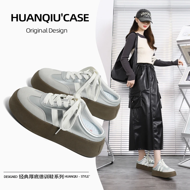 环球银色百搭包头半拖鞋情侣款外穿2025春夏一脚蹬办公室德训鞋