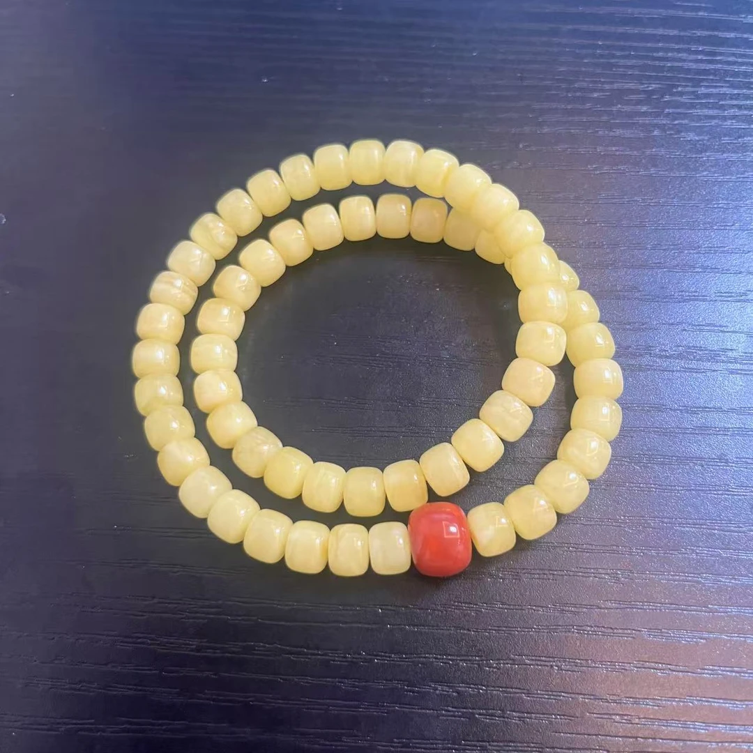 【巨伶石】蜜蜡老型桶珠双圈搭蜜蜡单珠手串