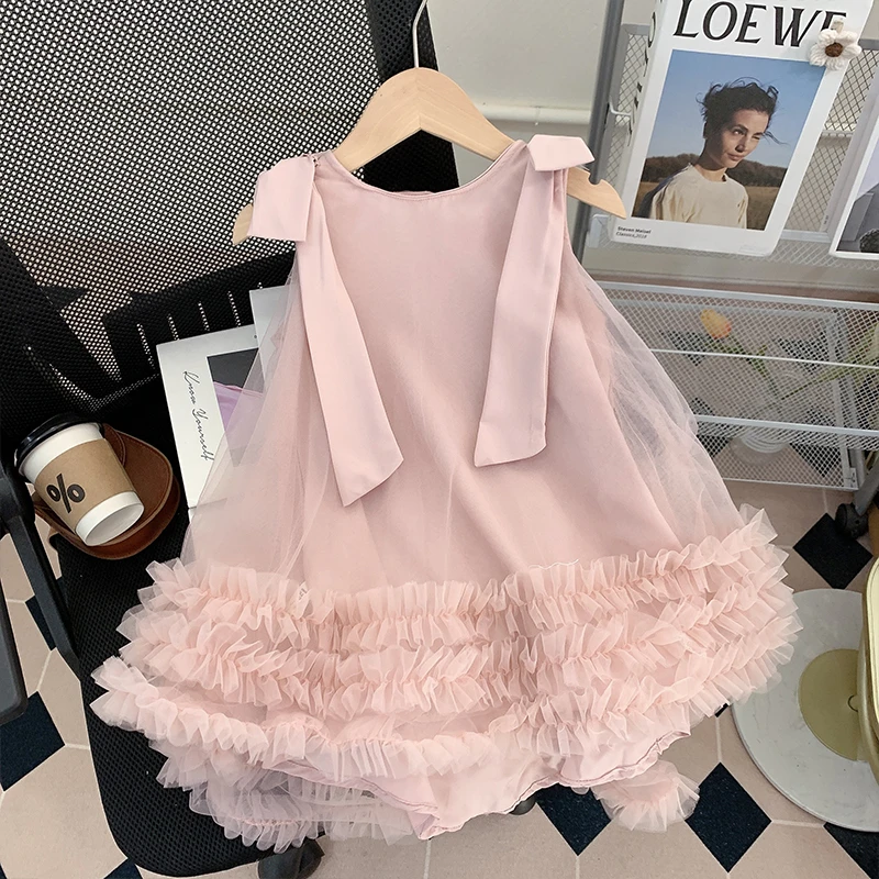 6Y172童裙夏季韩版女童新品无袖肩膀蝴蝶结网纱裙女宝宝仙女裙