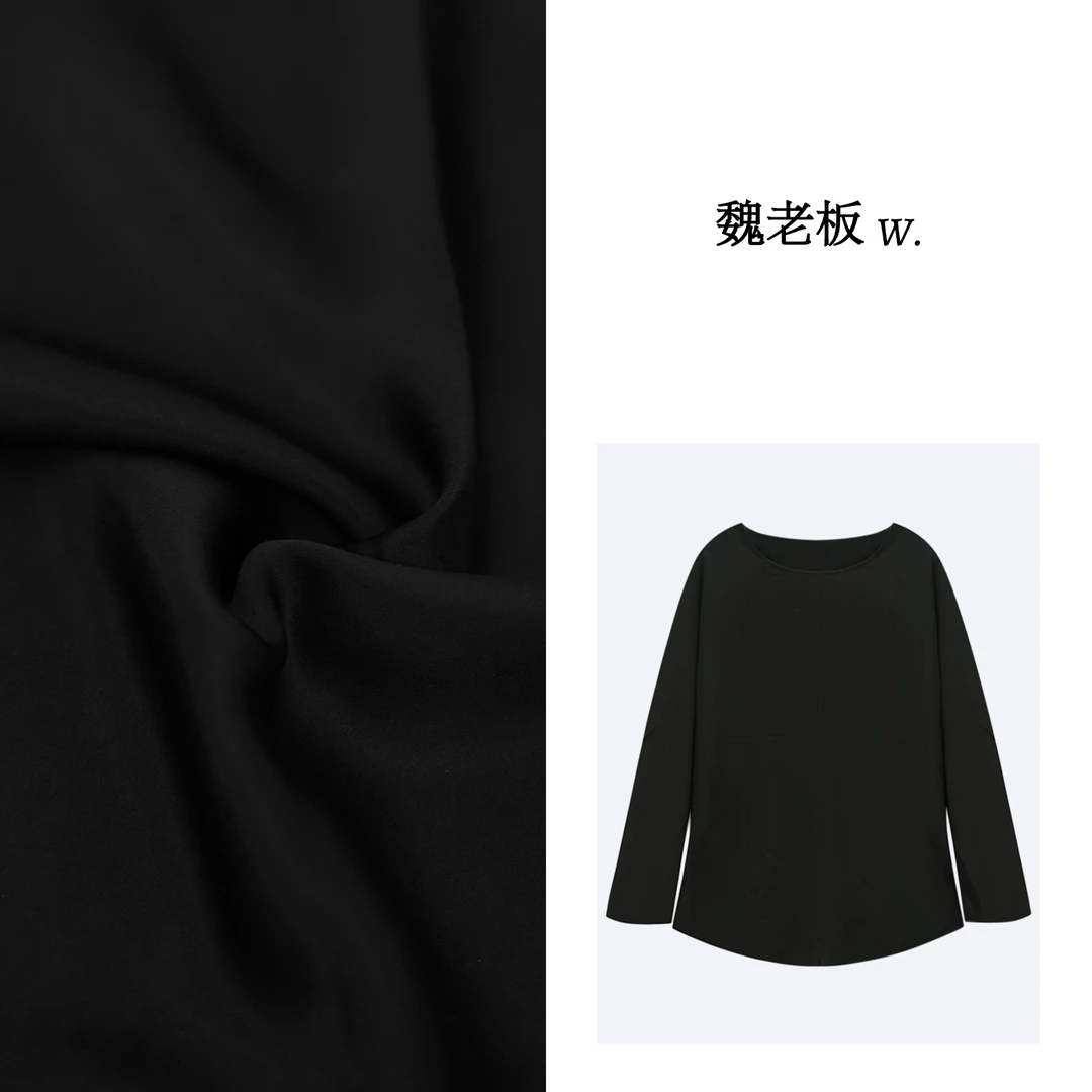 W.Diva【书香门】桑蚕丝圆领缎面黑色小衫长袖洋气衣服女2T2703303