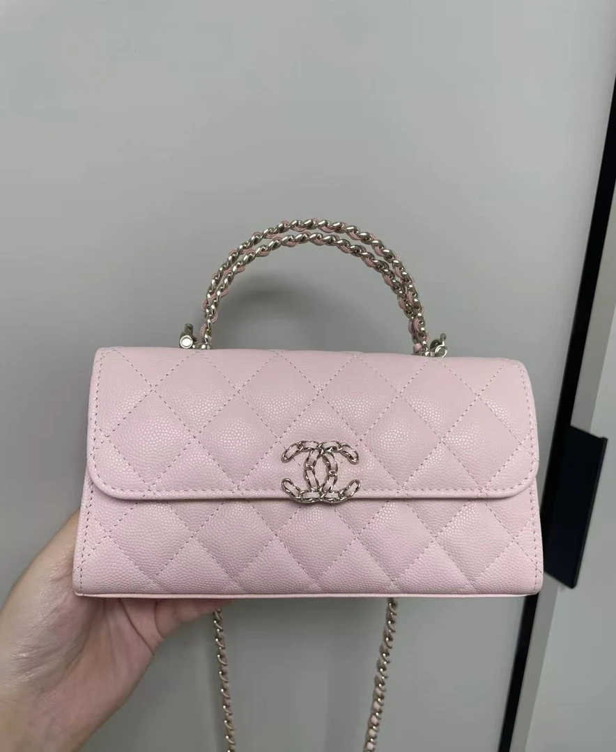 99新 Chanel/香奈儿 横版粉色荔枝纹手柄皮穿链Kelly链条包 二店