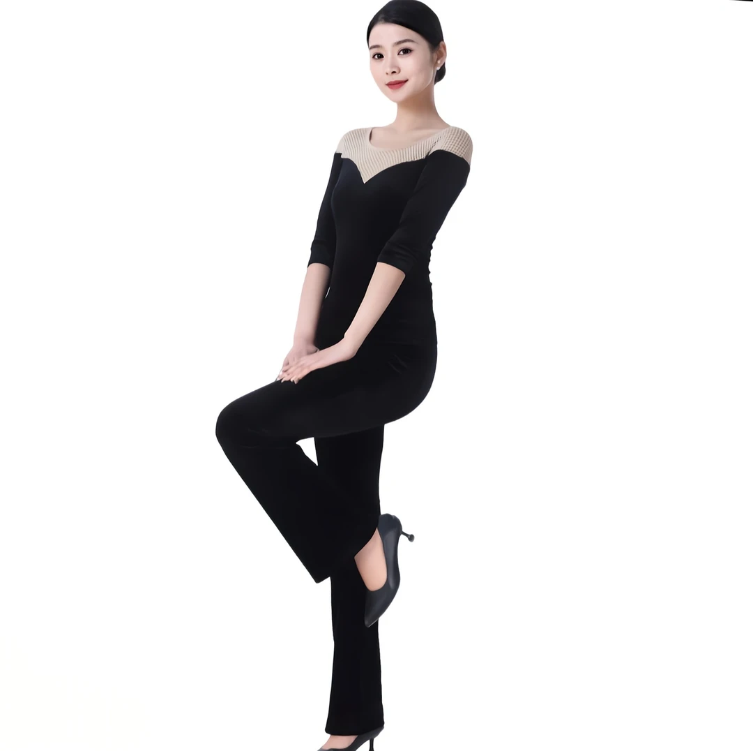 网红镶钻黑色气质网纱形体服舞蹈服春秋冬款丝绒中袖