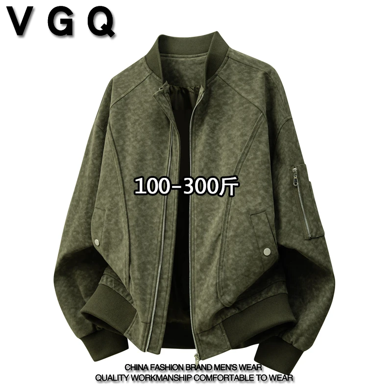 VGQ男士立领夹克加肥加大码胖子美式休闲复古百搭肌理外套上衣服