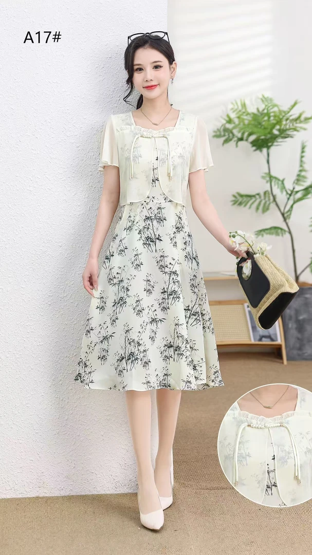 短袖简约通勤A字裙夏季连衣裙显瘦拼接气质减龄蕾丝