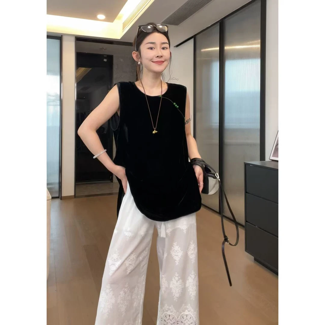 玖了个玖 2025夏 极简百搭新中式国风盘扣丝绒宽松背心 2505C2766