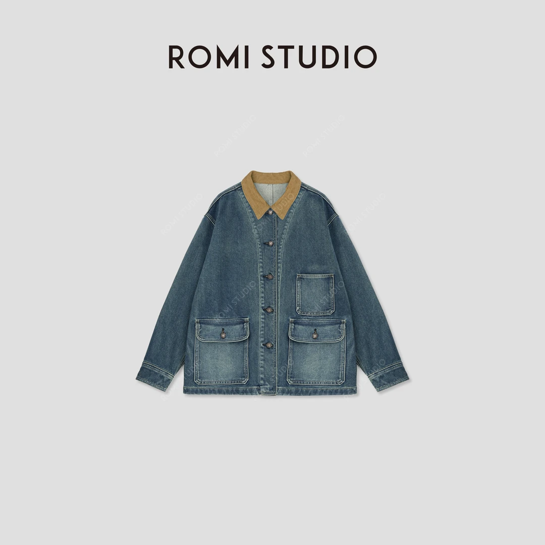 ROMI STUDIO“棕标系列”腔调穿搭拼接灯芯绒抓毛牛仔外套23AWN550