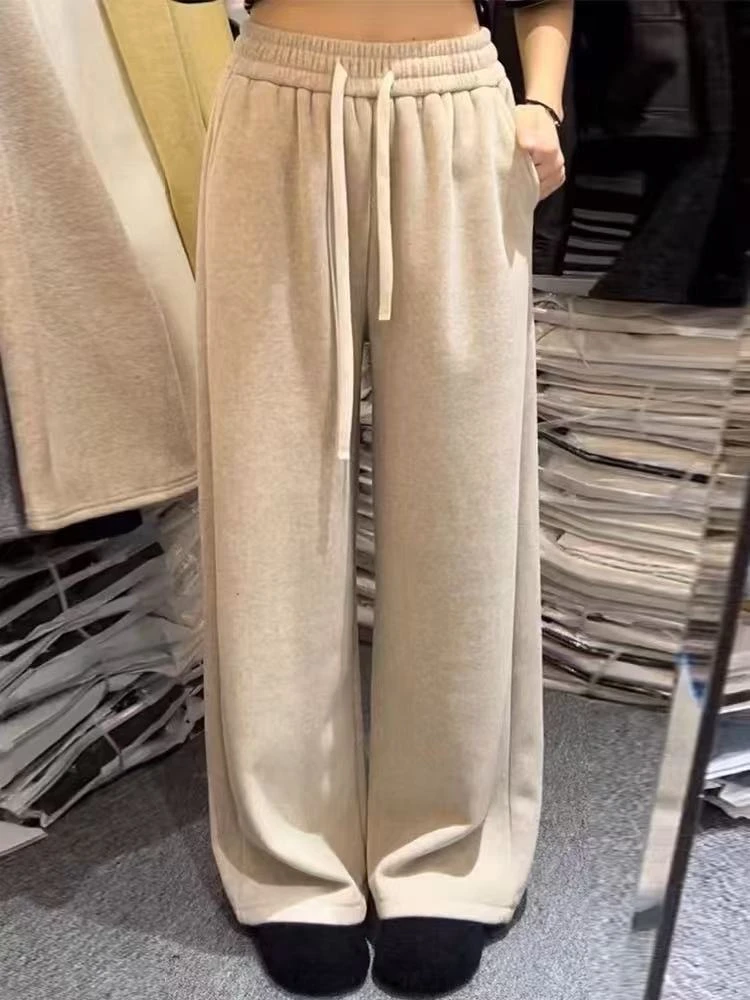 加绒糯米裤女秋冬季加厚米白色软糯垂感窄版直筒阔腿裤裤子