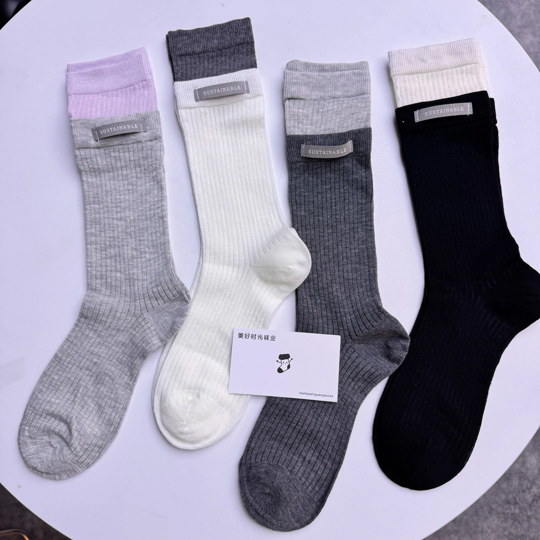 FFI(4双装)春夏薄透立体布标双螺口拼色中筒堆堆袜休闲百搭洋气