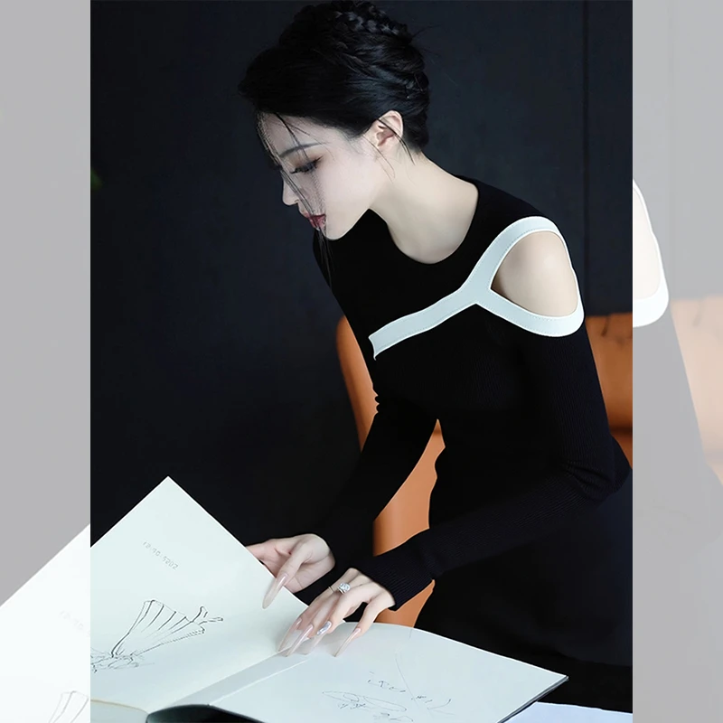 洋气休闲黑色内搭打底挖肩上衣独特漂亮小衫女韩系秋冬装长袖t恤